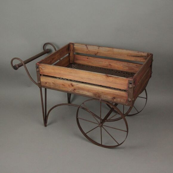 Rustic Wood And Metal Wagon Cart Style Plant Stand 24.25 Inches Long - Picture 6 of 8